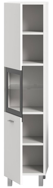 Moderner Badschrank mit offenen und geschlossenen Fächern, Frontansicht