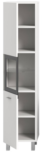 Moderner Badschrank mit offenen und geschlossenen Fächern, Frontansicht