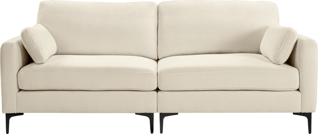 Beiges 2-Sitzer-Sofa mit zwei Sitz- und zwei Rückenkissen, inkl. zwei Armlehnenkissen und schwarzen Metallfüßen, freigestellt auf weißem Hintergrund, Frontansicht.