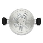 Top-Ansicht eines Edelstahl-Topfbodens mit Induktionstechnologie und schwarzen Griffen.