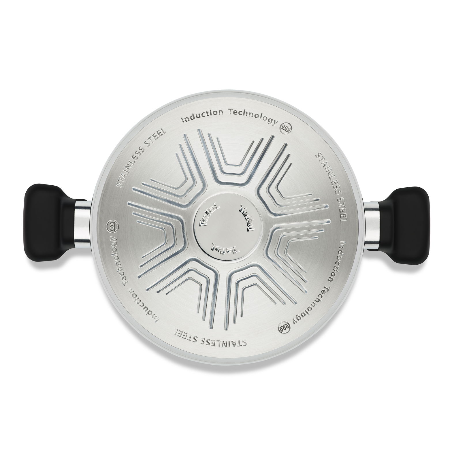 Top-Ansicht eines Edelstahl-Topfbodens mit Induktionstechnologie und schwarzen Griffen.