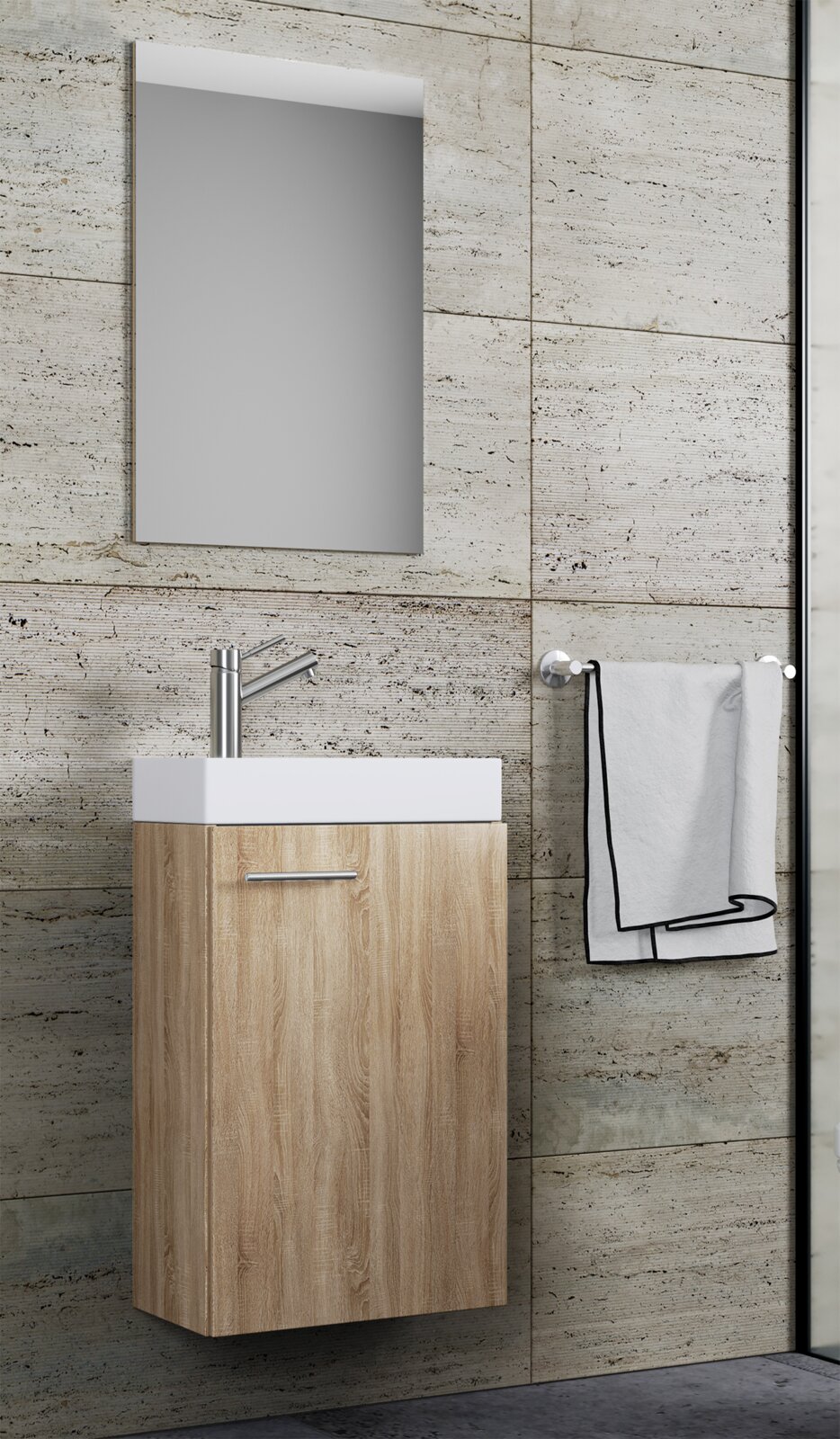 Modernes Badezimmer-Waschbecken mit wandhängendem Waschtischunterschrank in heller Holzoptik und weißem Aufsatzbecken, darüber rechteckiger Spiegel; Frontansicht leicht seitlich von rechts.