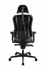 Rückansicht eines ergonomischen Gaming-Stuhls mit Netzrückenlehne und verstellbaren Armlehnen.