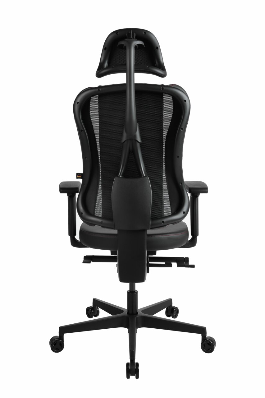 Rückansicht eines ergonomischen Gaming-Stuhls mit Netzrückenlehne und verstellbaren Armlehnen.