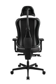 Rückansicht eines ergonomischen Gaming-Stuhls mit Netzrückenlehne und verstellbaren Armlehnen.