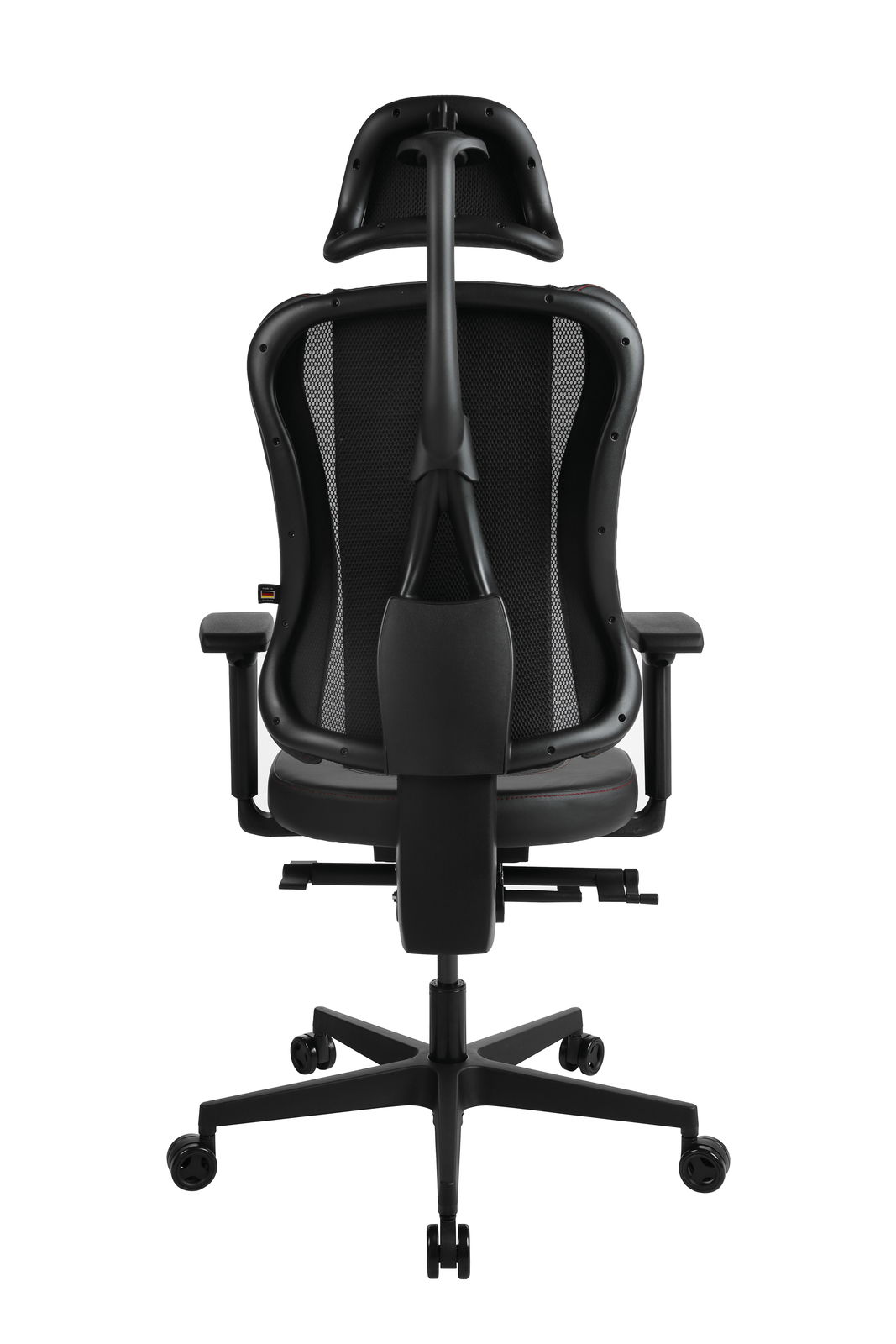 Rückansicht eines ergonomischen Gaming-Stuhls mit Netzrückenlehne und verstellbaren Armlehnen.