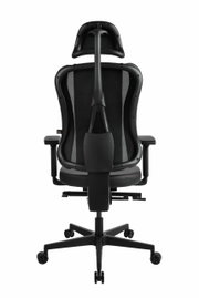 Rückansicht eines ergonomischen Gaming-Stuhls mit Netzrückenlehne und verstellbaren Armlehnen.