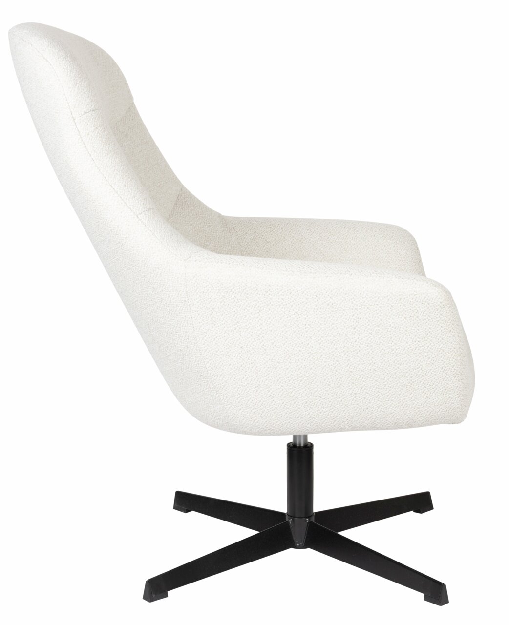 Seitliche Ansicht eines weißen Loungesessels mit schwarzem Drehfuß.