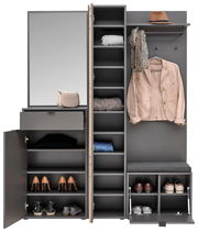 Kompaktgarderobe in Frontalansicht mit Spiegel, Schubladen, Regalen und Kleiderhaken, ideal zur Aufbewahrung von Kleidung und Schuhen.