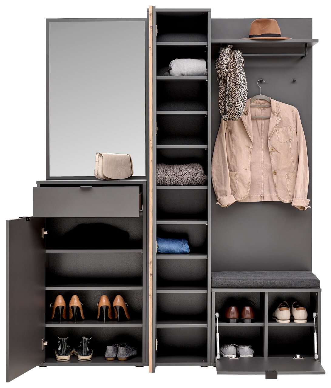 Kompaktgarderobe in Frontalansicht mit Spiegel, Schubladen, Regalen und Kleiderhaken, ideal zur Aufbewahrung von Kleidung und Schuhen.