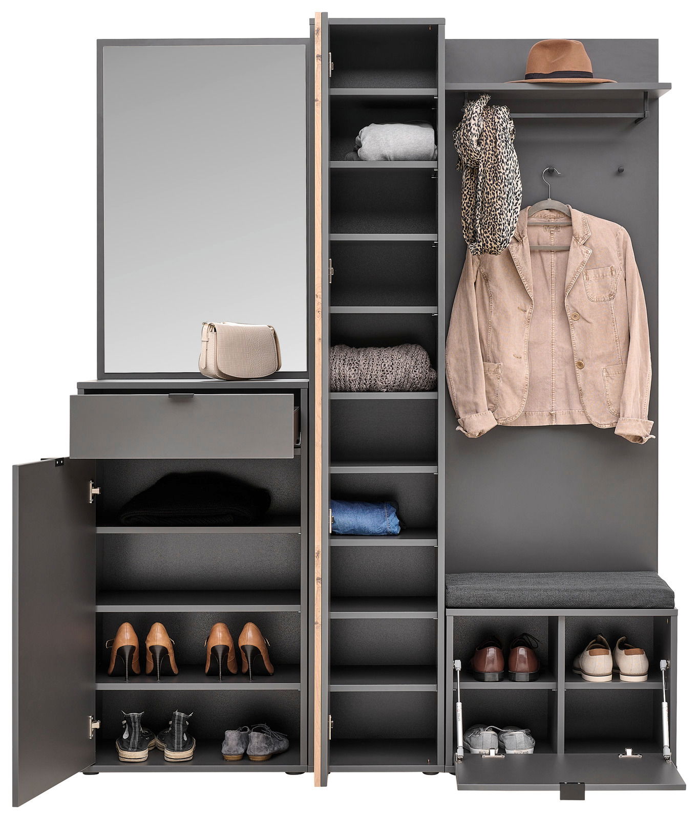 Kompaktgarderobe in Frontalansicht mit Spiegel, Schubladen, Regalen und Kleiderhaken, ideal zur Aufbewahrung von Kleidung und Schuhen.