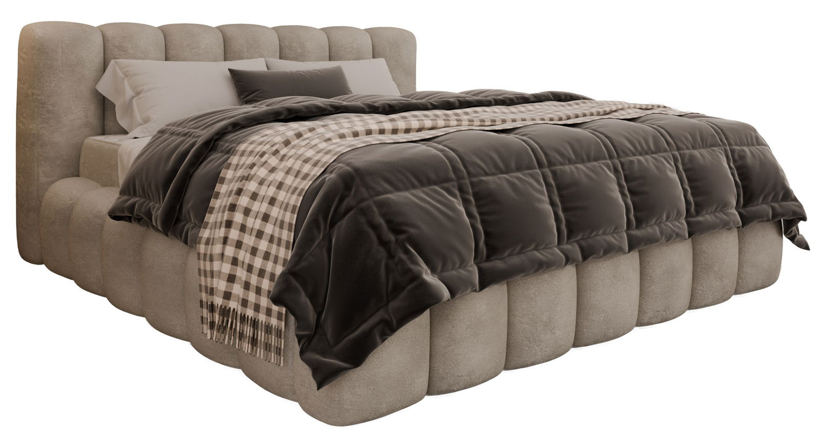 Polsterbettgestell in seitlicher Perspektive mit beigem, gestepptem Kopfteil und weicher, brauner Bettdecke sowie kariertem Überwurf.
