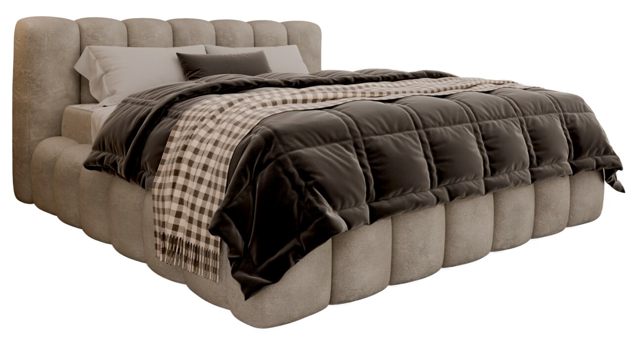 Polsterbettgestell in seitlicher Perspektive mit beigem, gestepptem Kopfteil und weicher, brauner Bettdecke sowie kariertem Überwurf.