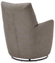 Rückansicht eines modernen Sessels mit geripptem Stoffbezug in Grau, auf einem schwarzen Metallgestell.