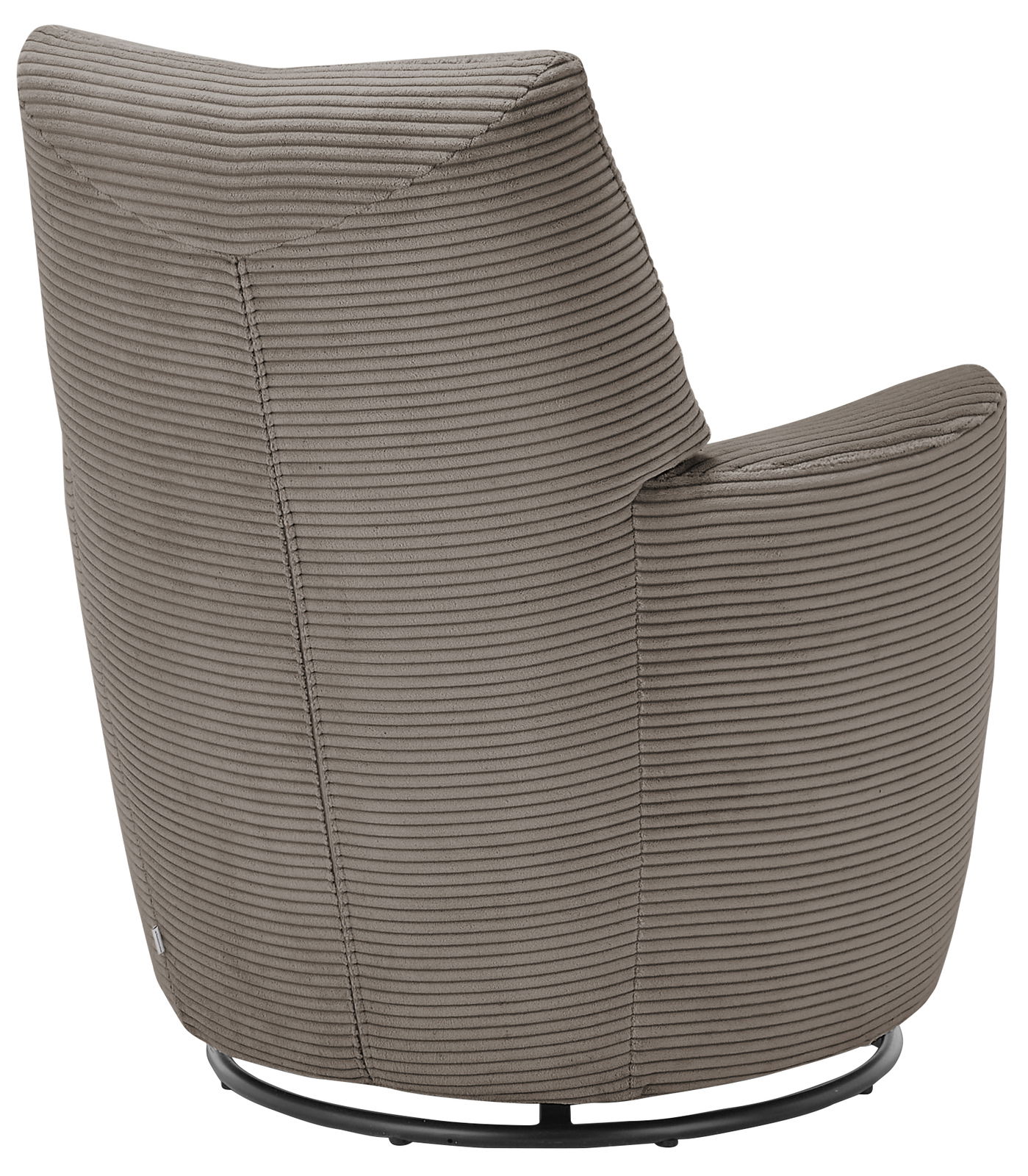 Rückansicht eines modernen Sessels mit geripptem Stoffbezug in Grau, auf einem schwarzen Metallgestell.