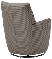 Rückansicht eines modernen Sessels mit geripptem Stoffbezug in Grau, auf einem schwarzen Metallgestell.