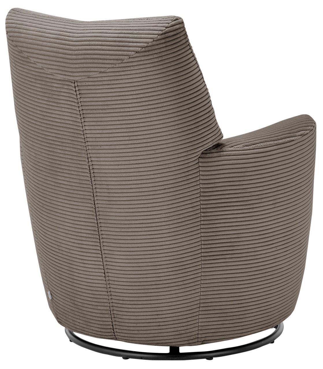 Rückansicht eines modernen Sessels mit geripptem Stoffbezug in Grau, auf einem schwarzen Metallgestell.