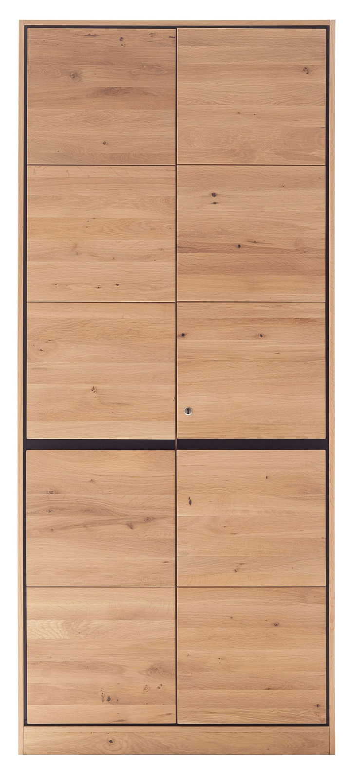 Frontansicht eines zweiflügeligen Aktenschranks aus Holz mit natürlicher Maserung.