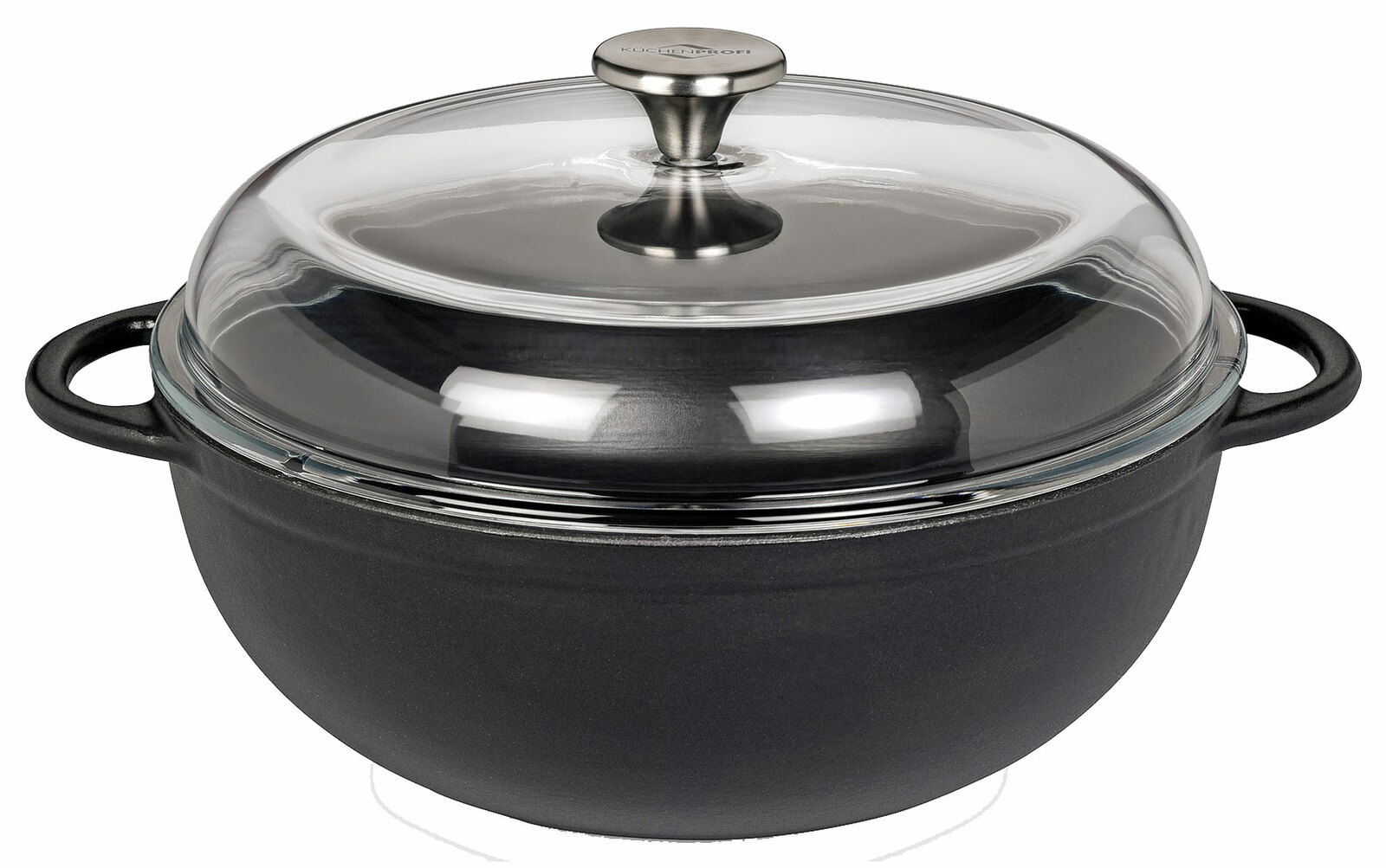 Schwarze Schmorpfanne MARMITE mit Glasdeckel, seitliche Perspektive