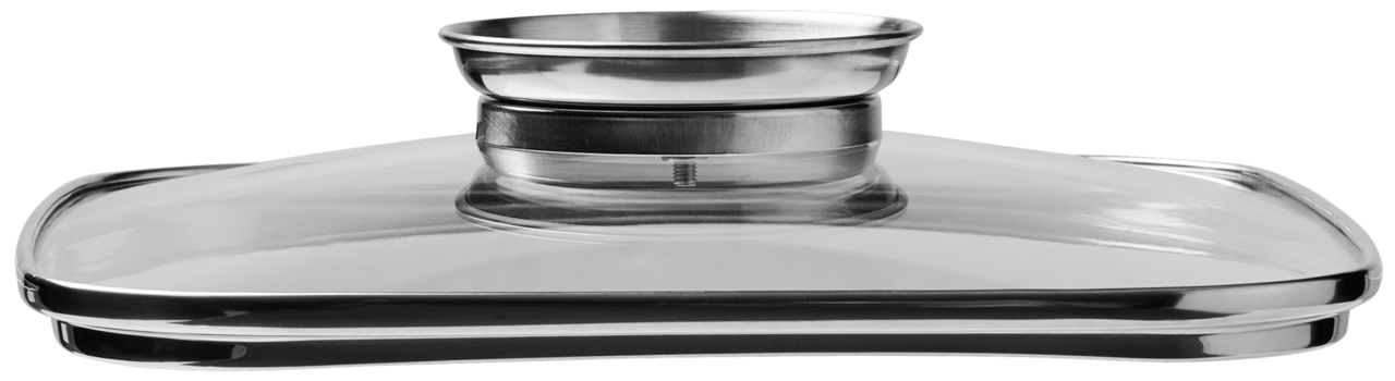 Deckel eines quadratischen Alugussbräters aus Glas und Metall, seitliche Perspektive