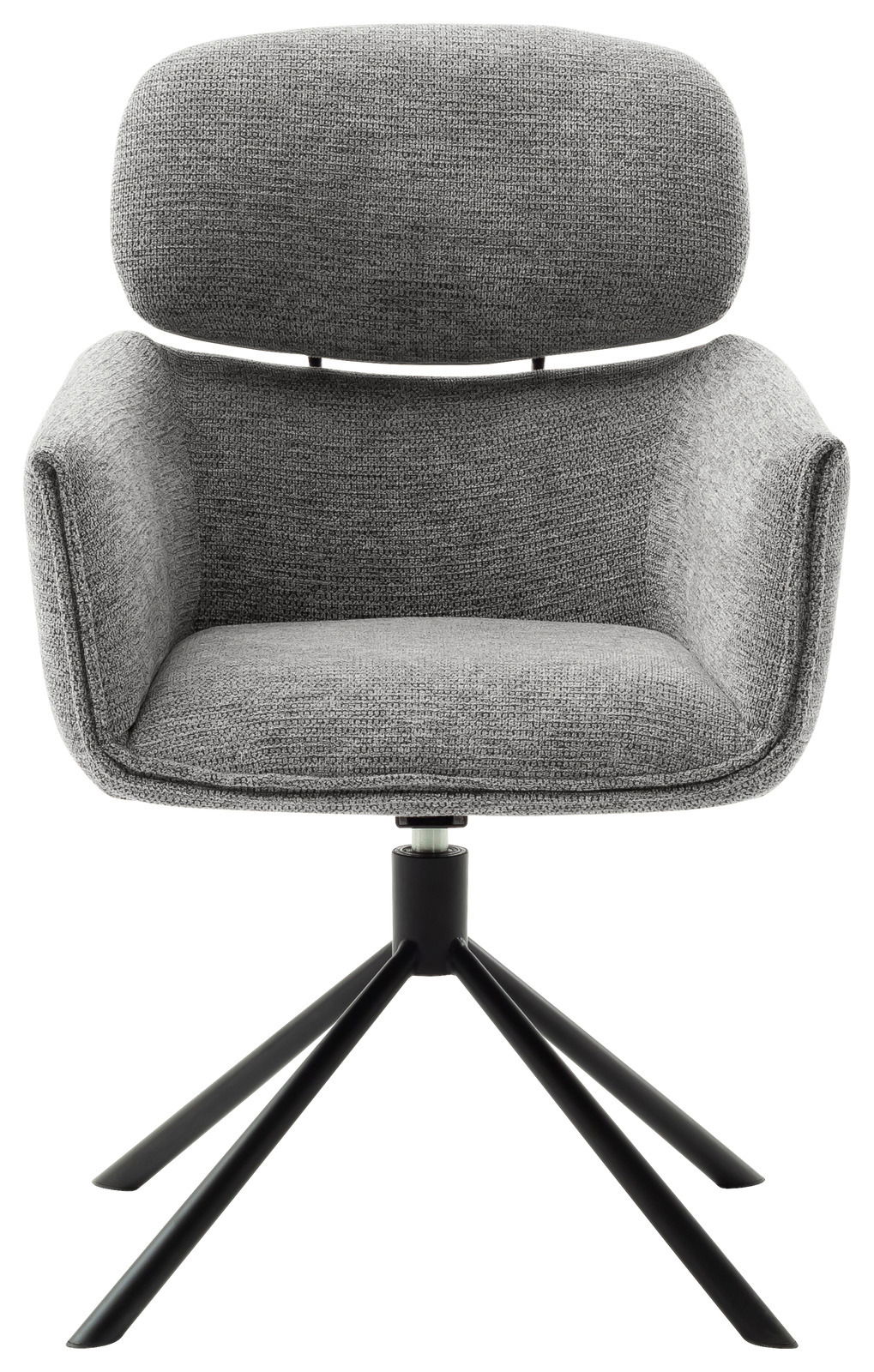 Grauer Sessel mit gepolsterter Rückenlehne und Sitzfläche, schwarzes Metallgestell, Frontalansicht.