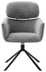 Grauer Sessel mit gepolsterter Rückenlehne und Sitzfläche, schwarzes Metallgestell, Frontalansicht.