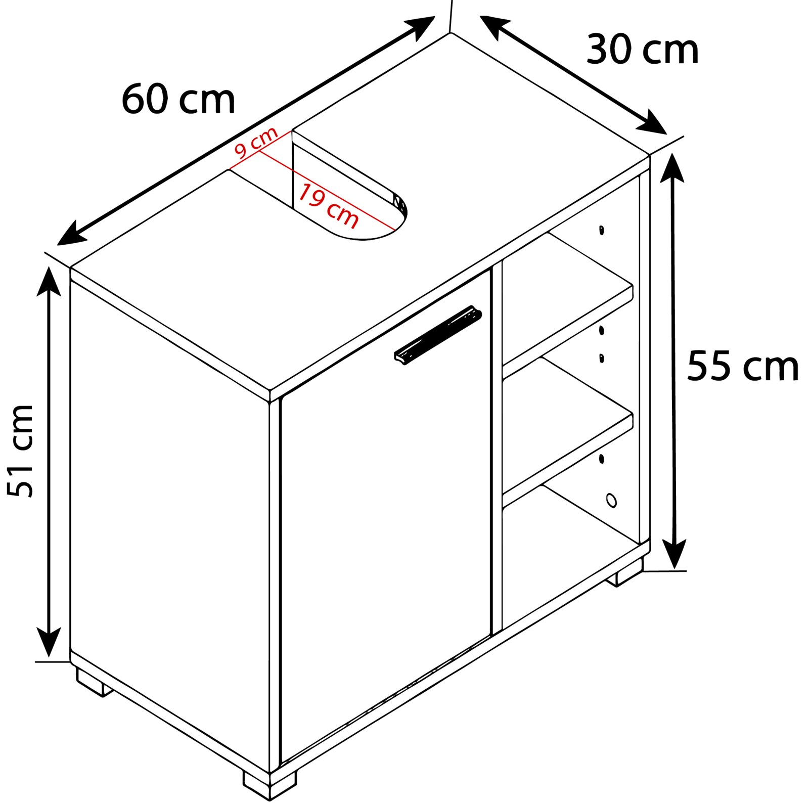 Technische Strichzeichnung eines kompakten Beistell- oder Nachttischs mit Ablagefächern und Griff; Maße ca. 60 cm Breite, 30 cm Tiefe, 55 cm Höhe, mit ovaler Aussparung (ca. 19 x 9 cm) in der Tischplatte, dargestellt in schräger Ansicht von oben.