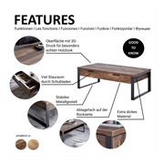 Moderner Couchtisch mit 3D-Holzoptik, stabilem Metallgestell und viel Stauraum durch Schubladen, seitliche Perspektive