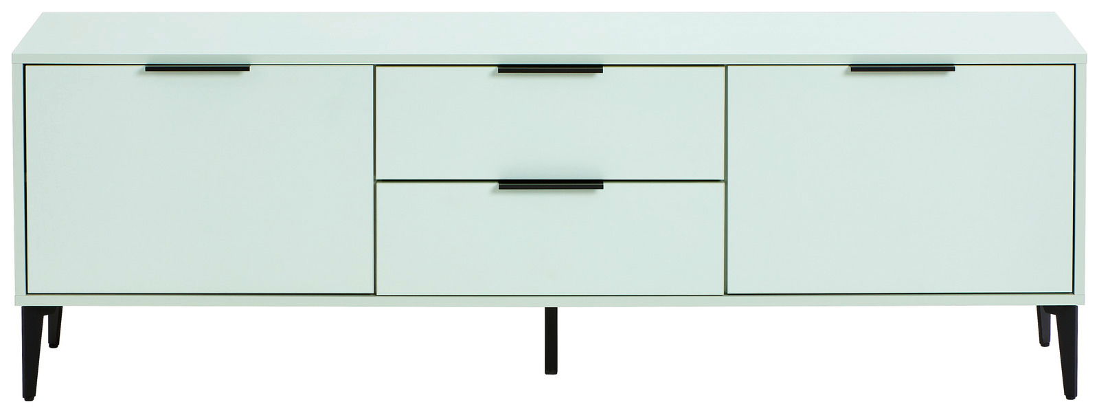 Modernes TV-Lowboard in hellem Mintgrün mit schwarzen Griffen und Beinen, Frontalansicht