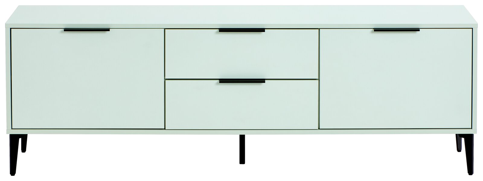 Modernes TV-Lowboard in hellem Mintgrün mit schwarzen Griffen und Beinen, Frontalansicht