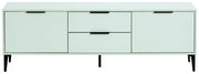 Modernes TV-Lowboard in hellem Mintgrün mit schwarzen Griffen und Beinen, Frontalansicht