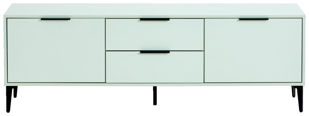 Modernes TV-Lowboard in hellem Mintgrün mit schwarzen Griffen und Beinen, Frontalansicht
