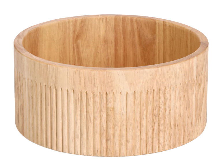 Holzschale mit geriffelter Außenseite, Durchmesser 27 cm, aus seitlicher Perspektive
