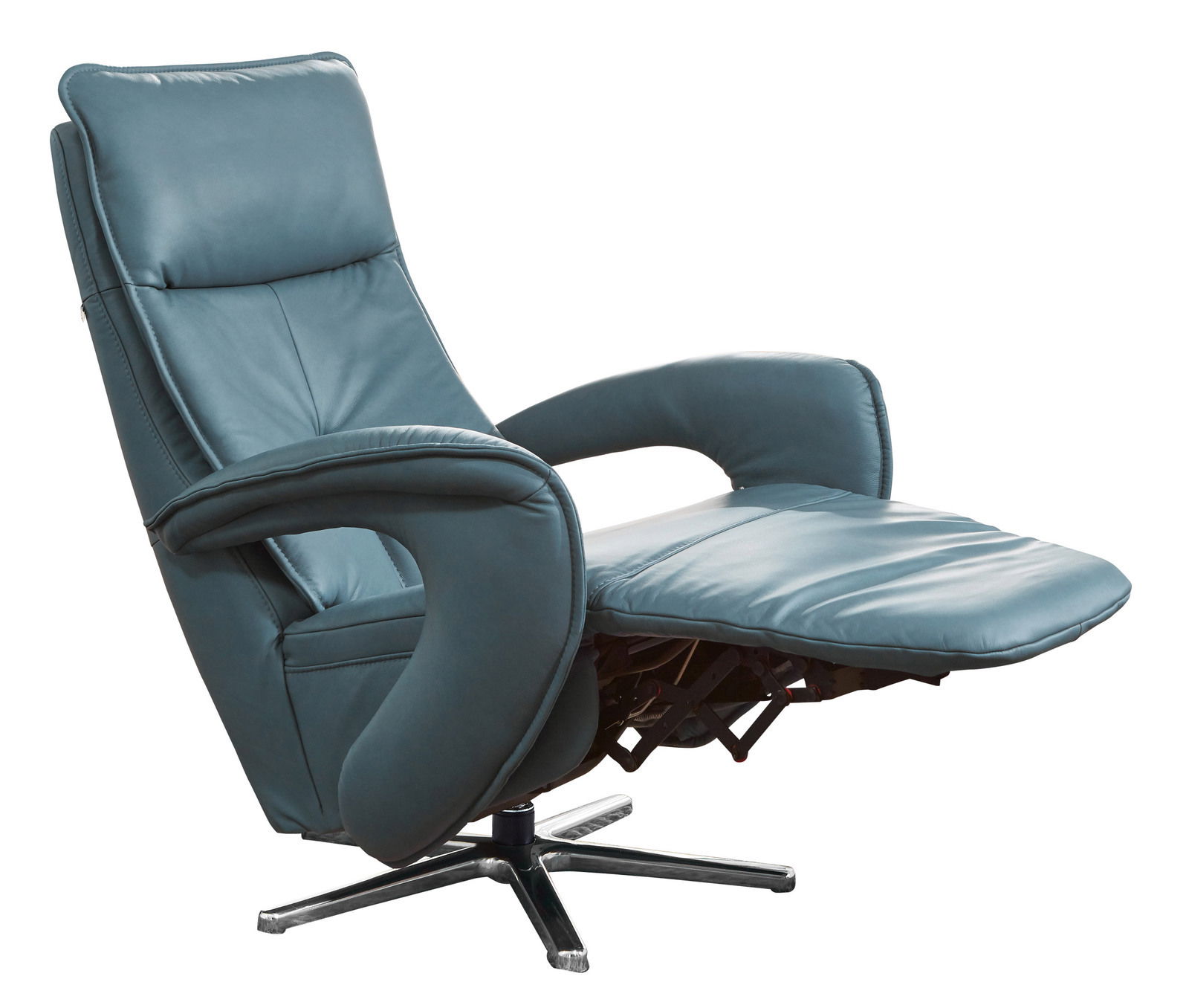 Moderner blauer Relax-Sessel Valdera mit ausgeklapptem Fußteil, seitliche Perspektive