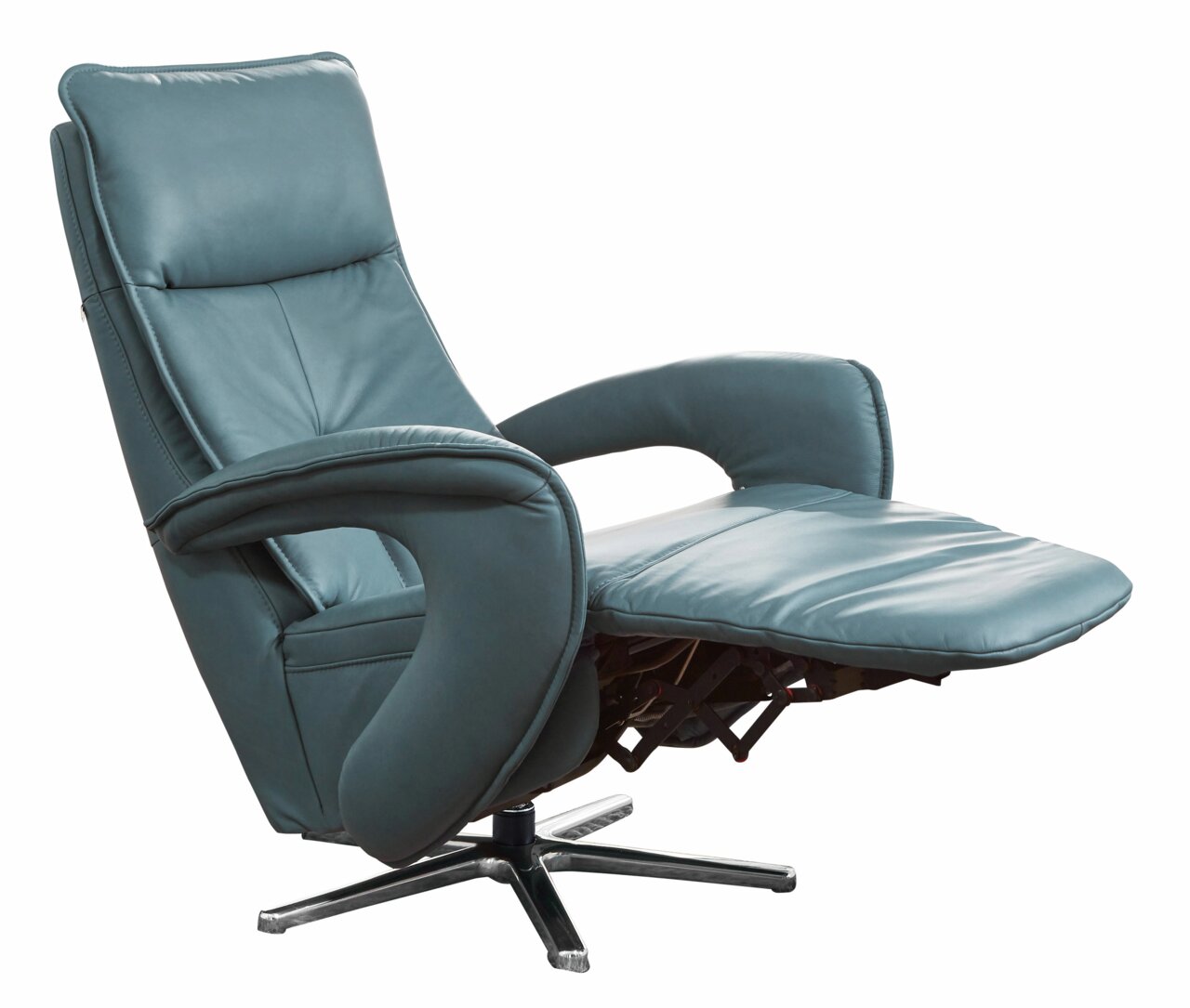 Moderner blauer Relax-Sessel Valdera mit ausgeklapptem Fußteil, seitliche Perspektive