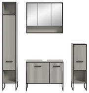 Moderne Badkombination mit vertikalen Streifen, bestehend aus einem hohen Schrank, einem Spiegelschrank und einem Unterschrank, frontal abgebildet.