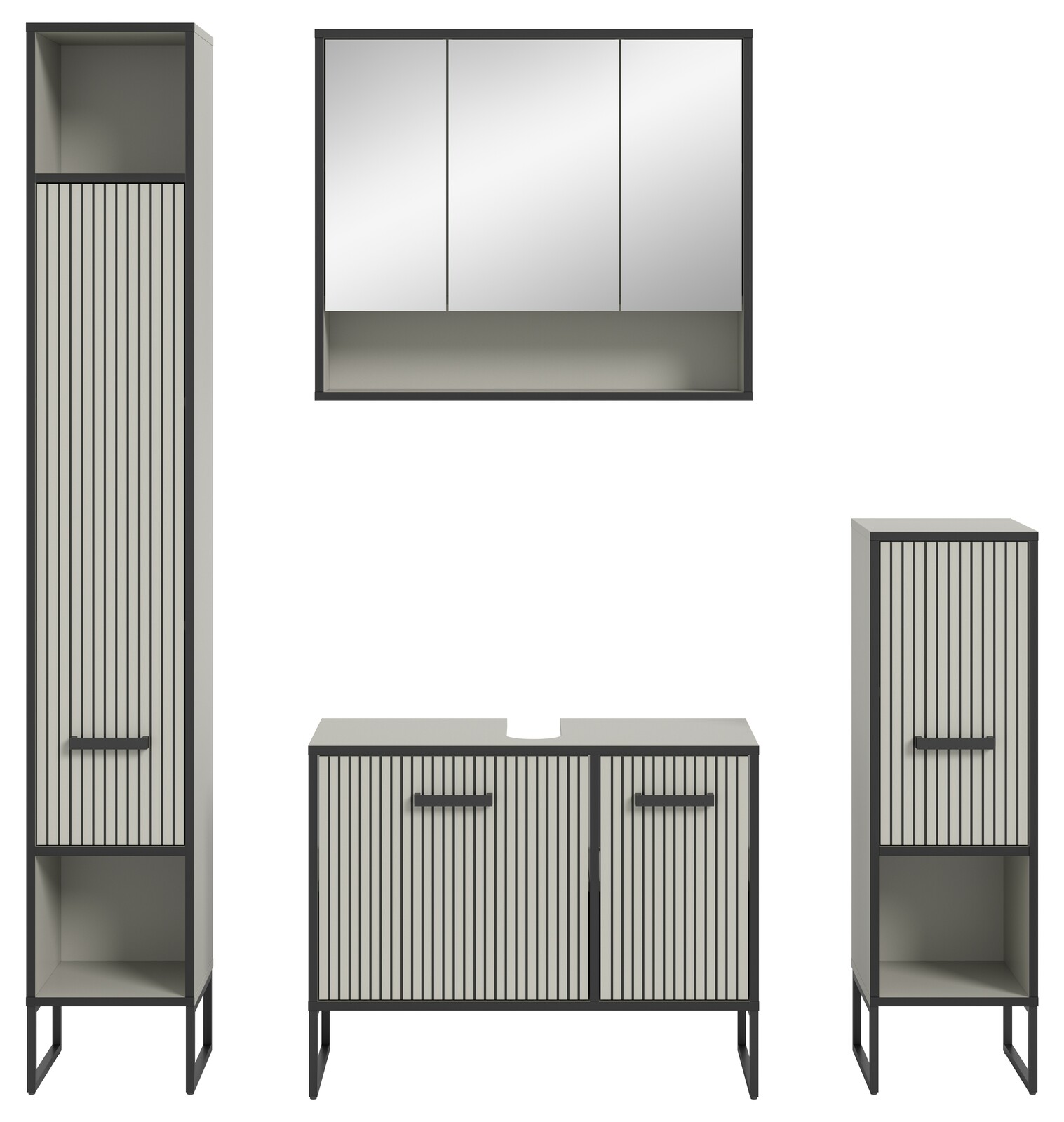 Moderne Badkombination mit vertikalen Streifen, bestehend aus einem hohen Schrank, einem Spiegelschrank und einem Unterschrank, frontal abgebildet.