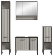 Moderne Badkombination mit vertikalen Streifen, bestehend aus einem hohen Schrank, einem Spiegelschrank und einem Unterschrank, frontal abgebildet.