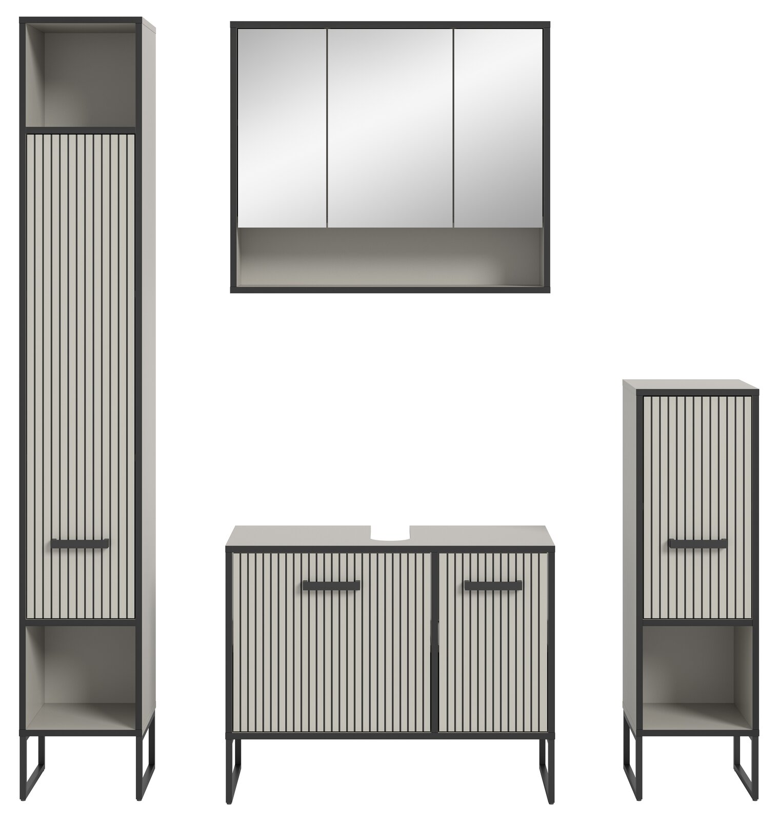 Moderne Badkombination mit vertikalen Streifen, bestehend aus einem hohen Schrank, einem Spiegelschrank und einem Unterschrank, frontal abgebildet.
