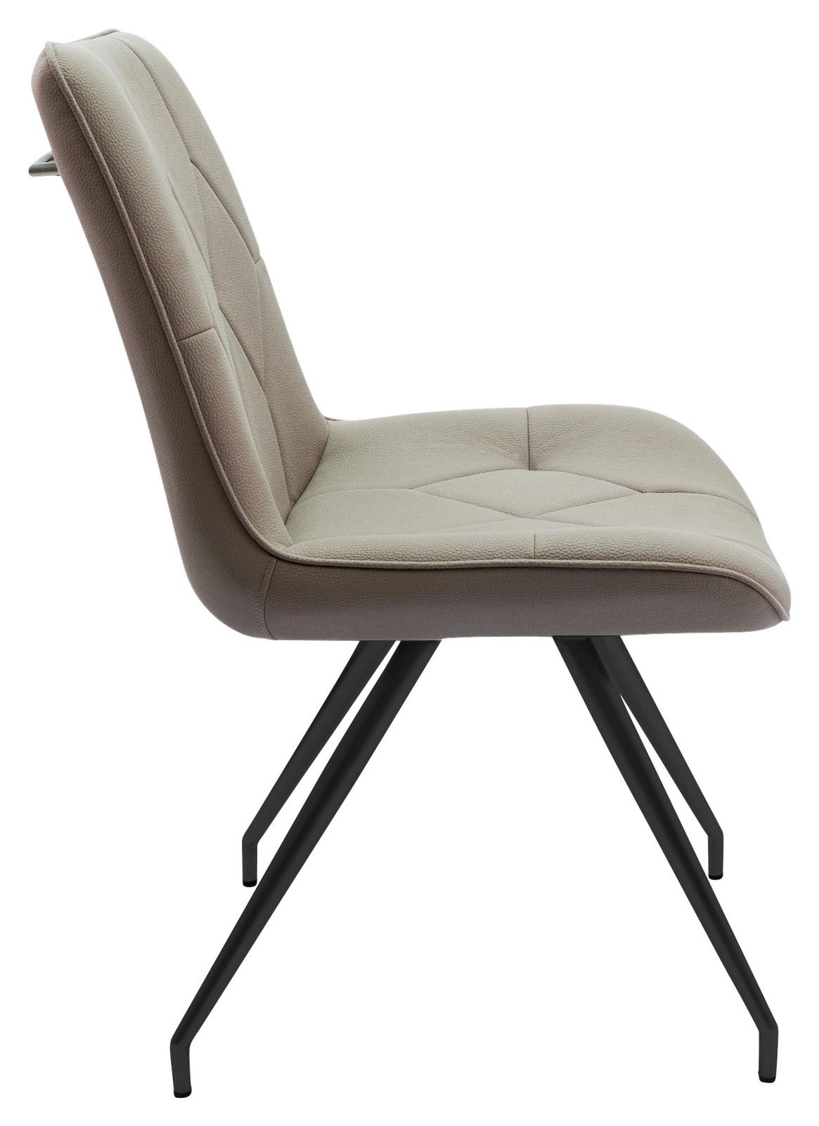 Moderner Stuhl mit gepolsterter Sitzfläche und Rückenlehne in Seitenansicht, schwarze Metallbeine.