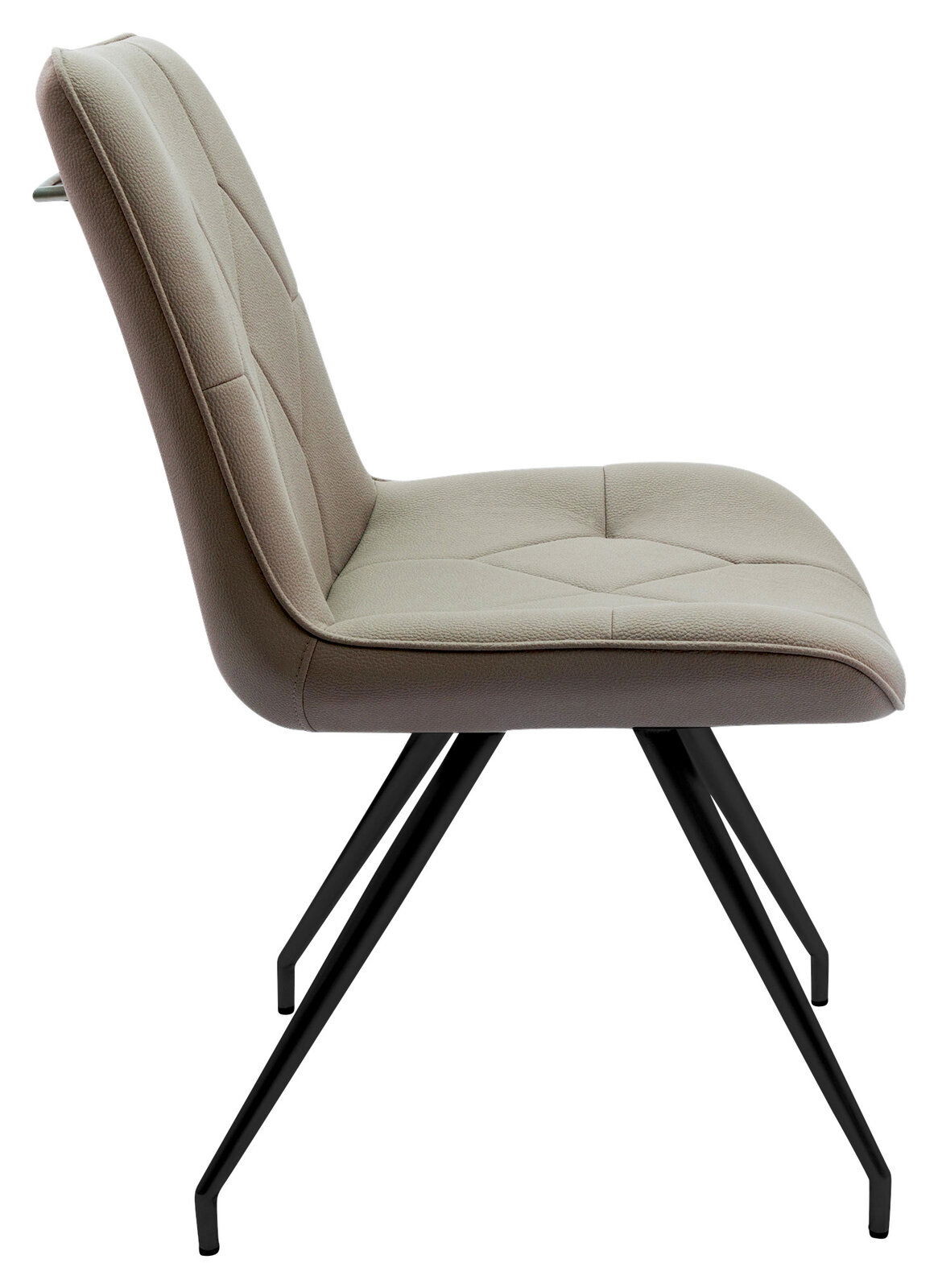 Moderner Stuhl mit gepolsterter Sitzfläche und Rückenlehne in Seitenansicht, schwarze Metallbeine.