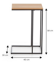 Moderner Beistelltisch/Laptoptisch mit Holzoptik-Tischplatte und schwarzem Metallgestell, Maße ca. 58 x 40 x 30 cm, Seitenansicht auf weißem Hintergrund.