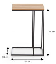 Moderner Beistelltisch/Laptoptisch mit Holzoptik-Tischplatte und schwarzem Metallgestell, Maße ca. 58 x 40 x 30 cm, Seitenansicht auf weißem Hintergrund.