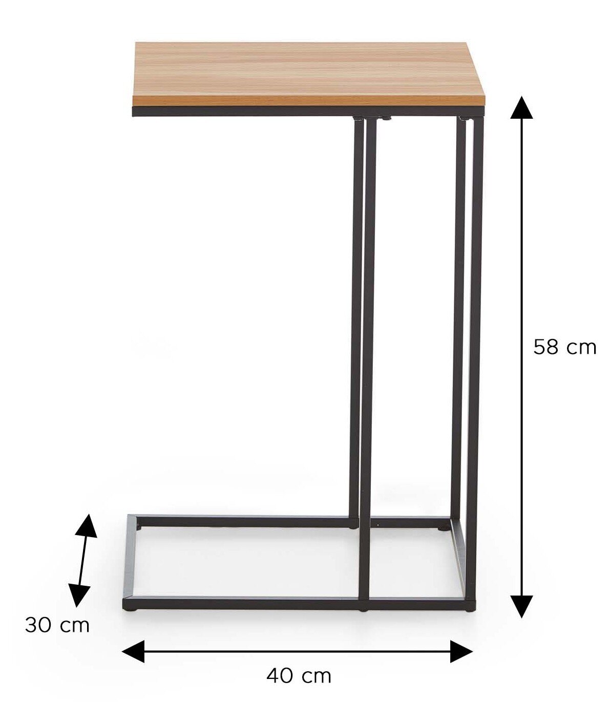 Moderner Beistelltisch/Laptoptisch mit Holzoptik-Tischplatte und schwarzem Metallgestell, Maße ca. 58 x 40 x 30 cm, Seitenansicht auf weißem Hintergrund.