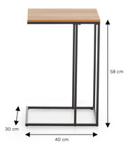 Moderner Beistelltisch/Laptoptisch mit Holzoptik-Tischplatte und schwarzem Metallgestell, Maße ca. 58 x 40 x 30 cm, Seitenansicht auf weißem Hintergrund.