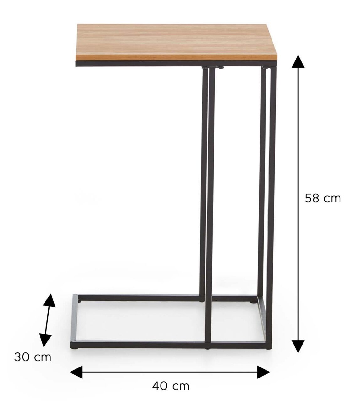 Moderner Beistelltisch/Laptoptisch mit Holzoptik-Tischplatte und schwarzem Metallgestell, Maße ca. 58 x 40 x 30 cm, Seitenansicht auf weißem Hintergrund.