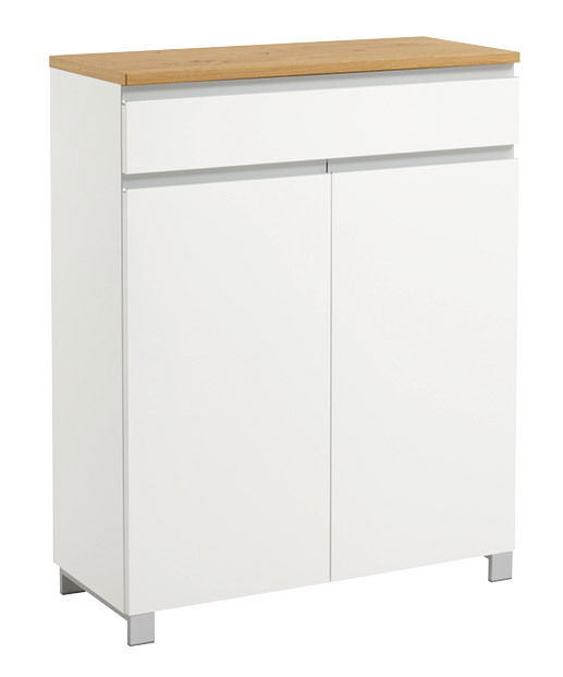 Moderner weißer Schuhschrank mit Holzoberfläche, frontal betrachtet