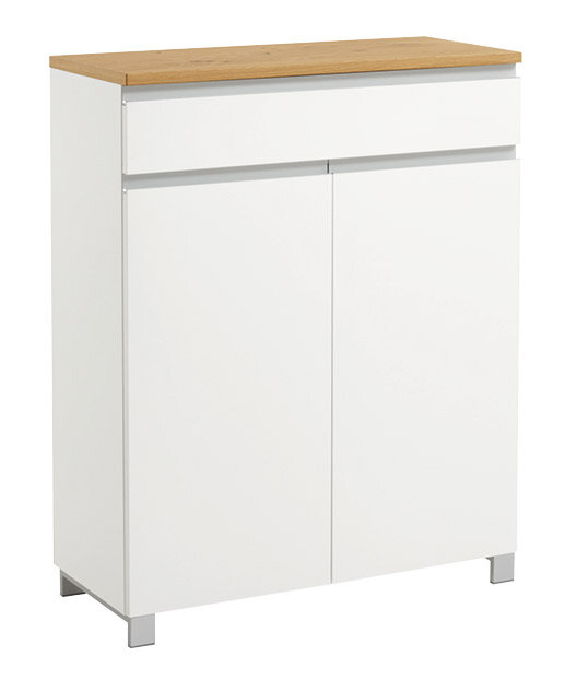 Moderner weißer Schuhschrank mit Holzoberfläche, frontal betrachtet