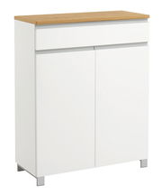 Moderner weißer Schuhschrank mit Holzoberfläche, frontal betrachtet