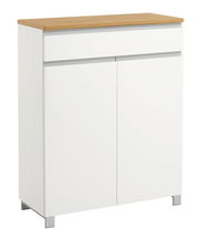 Moderner weißer Schuhschrank mit Holzoberfläche, frontal betrachtet